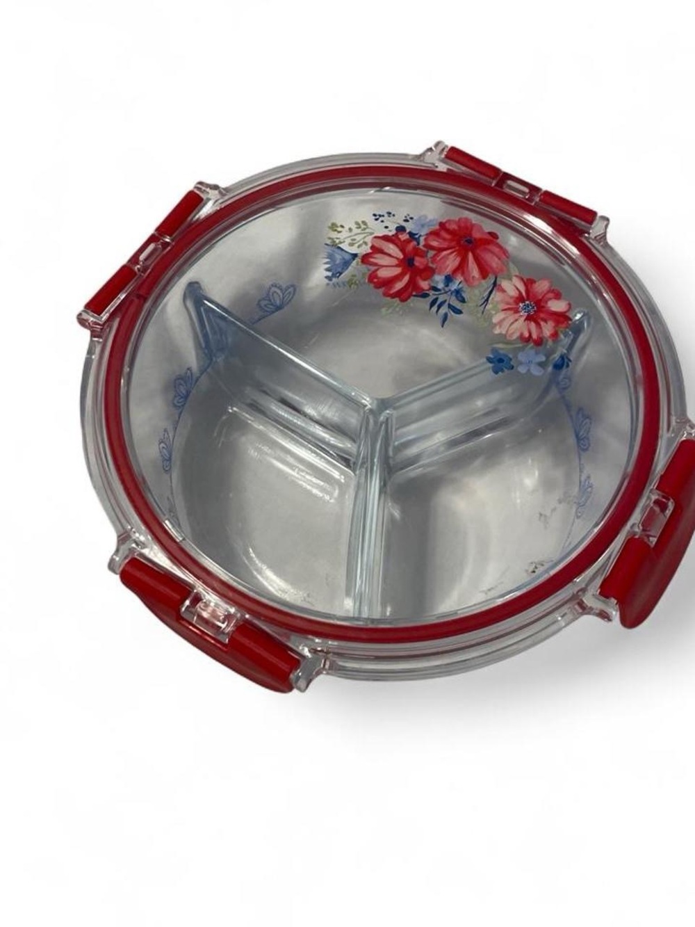 Pioneer Woman Divided Glass Bowl Clasp Lid Meal Prep Container Floral Red